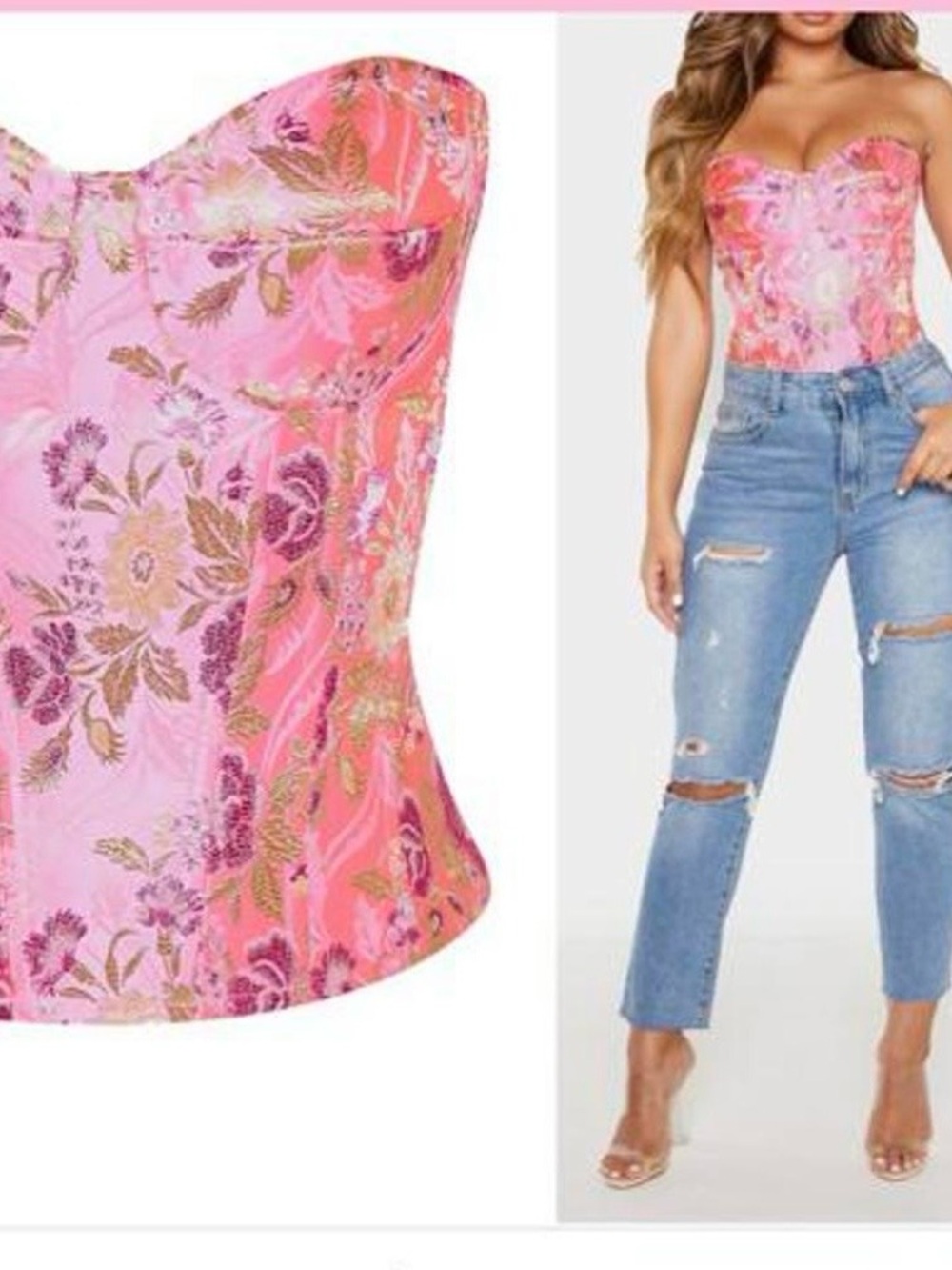 PrettyLittleThing Pink Floral Jacquard Satin Corset Size US 10,  UK 14